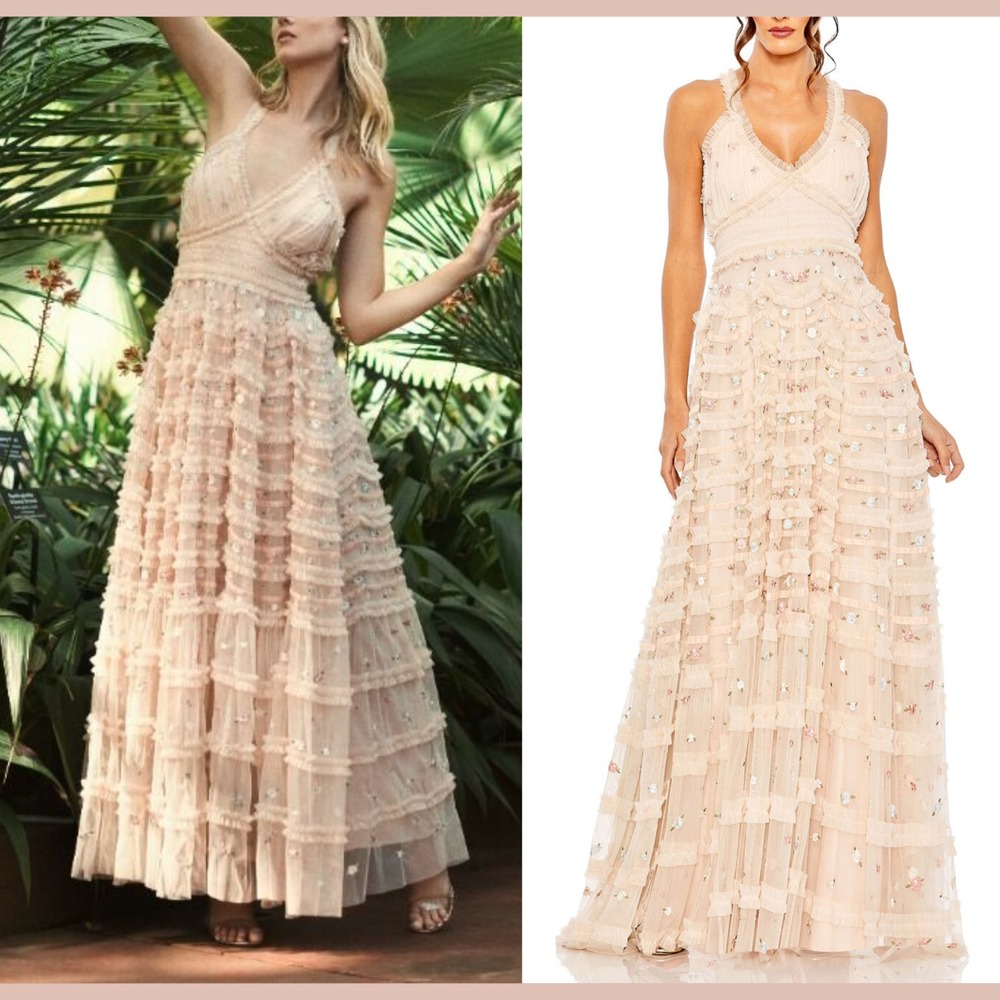 NWT $798 Mac Duggal [‎ 8 ] 8037 Halter Neckline Ruffle Floral Gown Blush Q1152